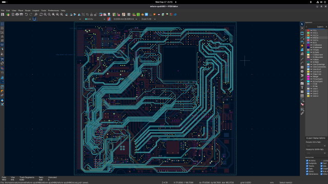 mnt reform qualcomm processor module, "slow" signal layer with cyan traces in kicad pcb layout editor