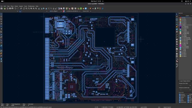mnt reform qualcomm processor module, back layer with blue traces in kicad pcb layout editor