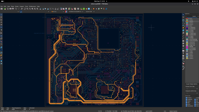 mnt reform qualcomm processor module, power layer with orange traces in kicad pcb layout editor (these will be thickened up)