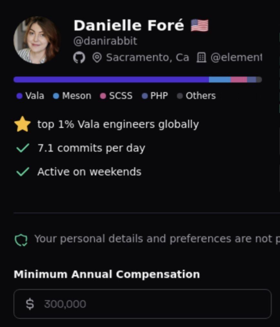 A screenshot of a dashboard showing stats from my GitHub profile. Some of which include top 1% Vala engineers globally, 7.1 commits per day, active on weekends, and minimum annual compensation starting at $300,000