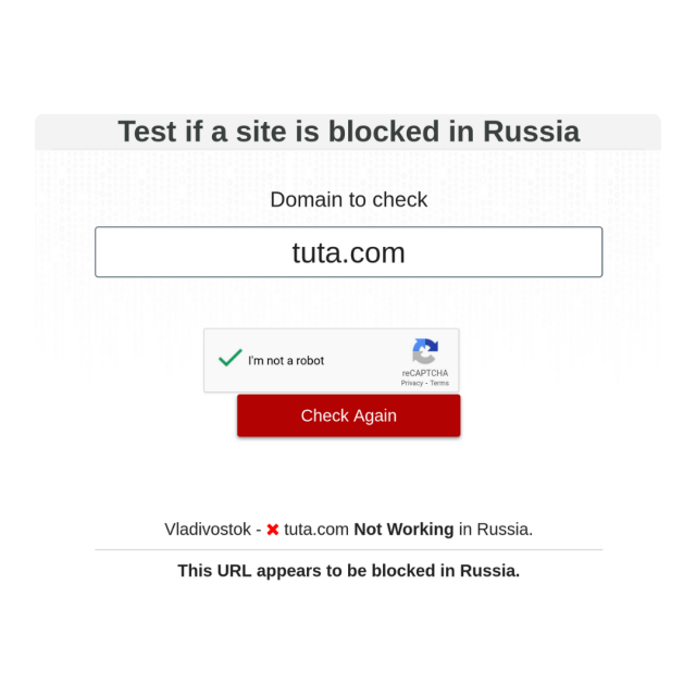Screenshot of test to see if Tuta is blocked in Russia with the results saying "This URL appears to be blocked in Russia"