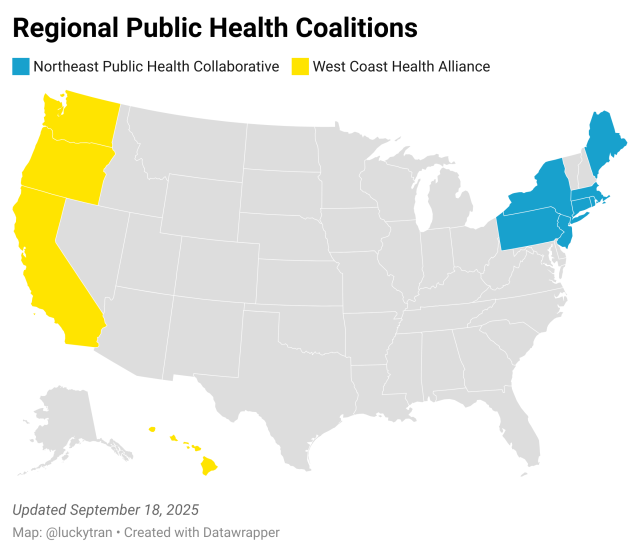 Map of Regional Public Health Coalitions

Northeast Public Health Collaborative (Blue)

West Coast Health Alliance (Yellow)