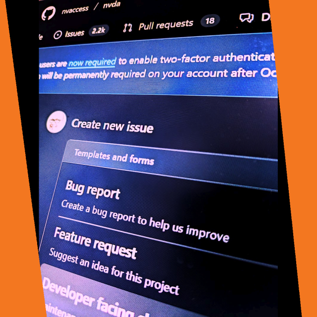 Photo of the GitHub "Creat New Issue" screen with "Bug report" and "Feature request" as the first two options.  The picture is tinted slightly purple and has angled orange border left and right