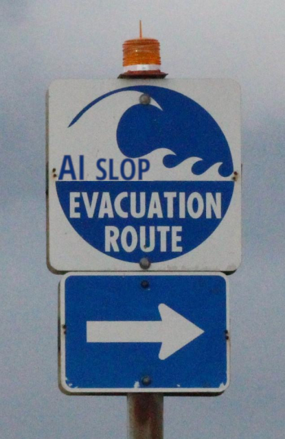 A sign saying "AI slop evacuation route" and an arrow pointing right. A modified tsunami warning signpost.