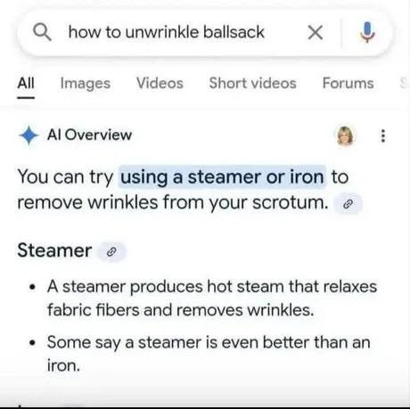 Screenshot from google.

Query: how to unwrinkle ballsack

AI Overview: 

You can try using a steamer or iron to
remove wrinkles from your scrotum. 

Steamer

• A steamer produces hot steam that relaxes
fabric fibers and removes wrinkles.

• Some say a steamer is even better than an
iron.