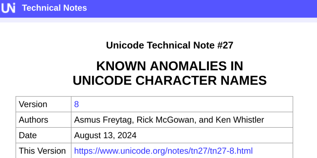 screenshot of website, "Unicode technical note #27: Known anomalies in unicode character names"