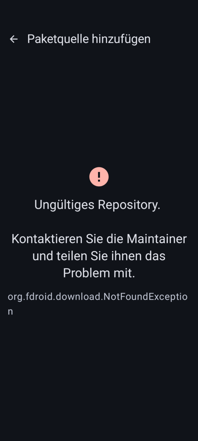Screenshot zeigt "Ungültiges Repo"