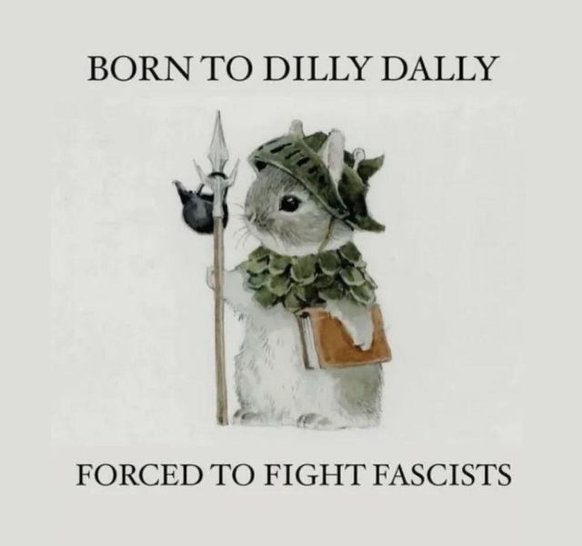 A watercolor illustration of a small, fluffy grey and white rabbit standing on its hind legs. The rabbit is wearing a green, medieval-style helmet and shoulder armor made of leaves. It holds a small spear with a teapot as the spearhead in its right paw and has a small brown book tucked under its left arm. Above the rabbit, the text reads "BORN TO DILLY DALLY". Below the rabbit, the text reads "FORCED TO FIGHT FASCISTS". The background is a plain off-white.
