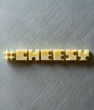 The word "#cheesy" is spelled out using blocky letters carved from pale yellow cheese. Each letter has puzzle-like notches and holes cut into it, and they are arranged in a line on a scratched metal surface.