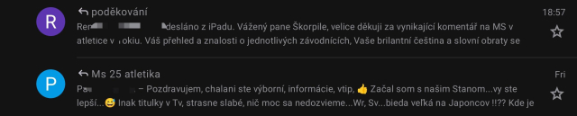 Screenshot zpráv z osobního mailu hodnptící komentátorský výkon. 