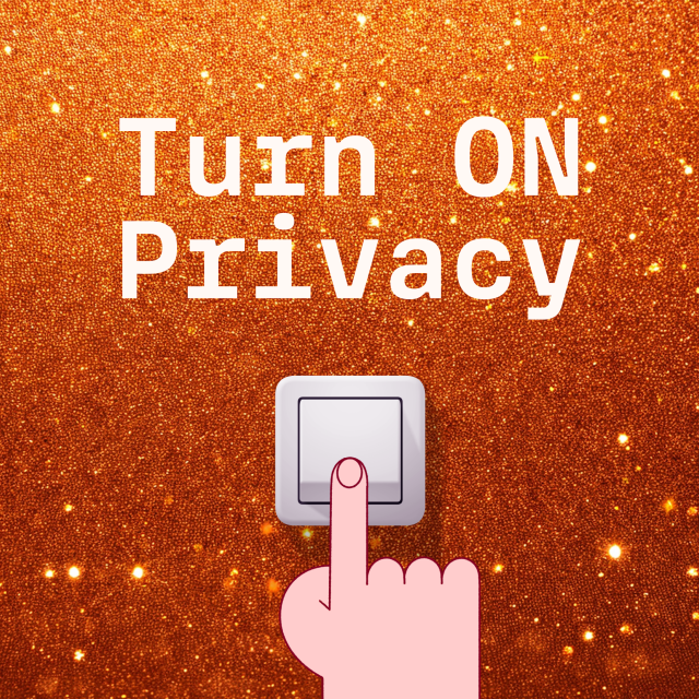Sparkling background with the Tuta switch and a title, Turn ON Privacy. 