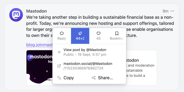 Screenshot of a context menu opened on a social media post. The context menu shows a lot of menu items, but one of them is the Boost/Quote menu/button which shows both boost count and quote count. It is shown as "44+2".