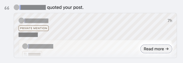 A notification showing that a user quoted a post with a private mention and a "Read more" button. Usernames and content are blurred for privacy.