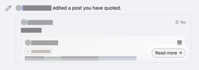 A notification showing a user edited a post that another user has quoted, with blurred text and a "Read more" button.