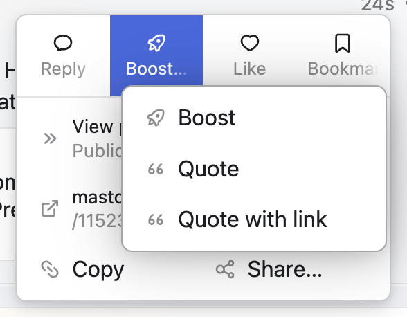 Context menu showing options to "Boost", "Quote", or "Quote with link" on a post.