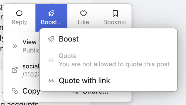 Context menu showing options to "Boost", "Quote" (disabled with sub-text "You are not allowed to quote this post"), or "Quote with link" on a post.