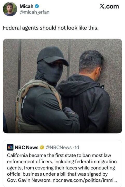 A tweet from @micah_erfan with an image showing a person in tactical gear, including a mask and cap, standing behind another person with their hands against a wall. The tweet reads, "Federal agents should not look like this." Below it, a tweet from @NBCNews-1d states, "California became the first state to ban most law enforcement officers, including federal immigration agents, from covering their faces while conducting official business under a bill that was signed by Gov. Gavin Newsom," with a link to nbcnews.com.