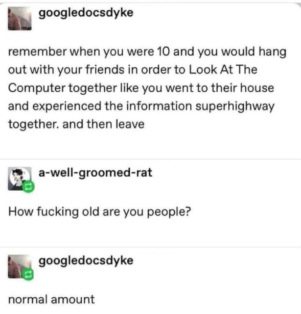 A Tumblr conversation. 
googledocsdyke:
remember when you were 10 and you would hand out with your friends in other to Look At The Computer together like you you went to their house and experienced the information superhighway together. and then leave

a-well-groomed-rat:
How fucking old are you people? 

googledocsdyke:
normal amount
