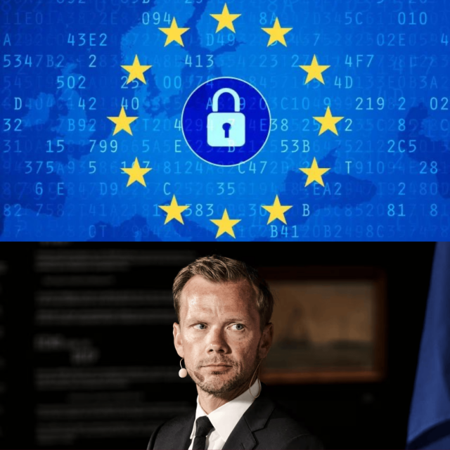Image of an EU flag surrounding an encryption lock - and of Peter Hummelgaard, the Danish minister who wants to destroy encryption in Europe.