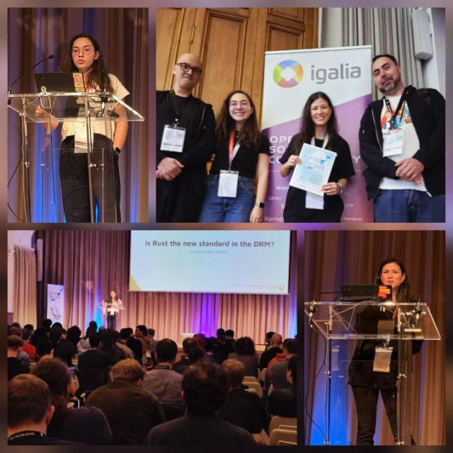 4-pictures collage: top left has Maíra Canal on the stage; top right Luís Henrique, Maíra Canal, Melissa Wen and Thadeu Cascardo in front of Igalia's kakemono holding Kernel Recipes banner; bottom left Maíra is on the stage with a huge audience, bottom right, Melissa Wen on the stage.