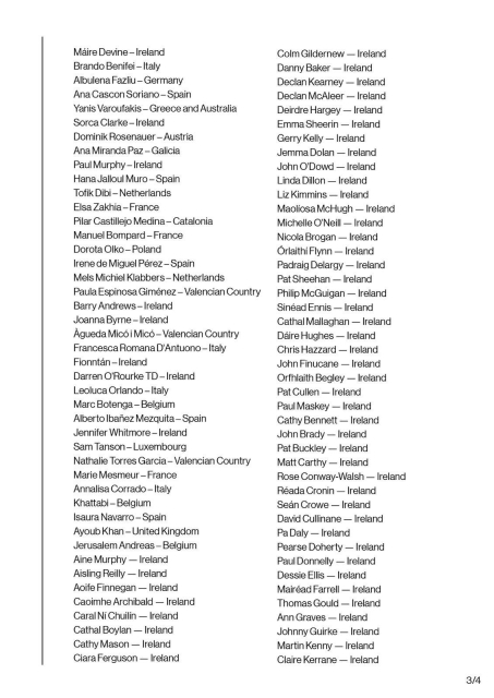 Names of signatories to letter