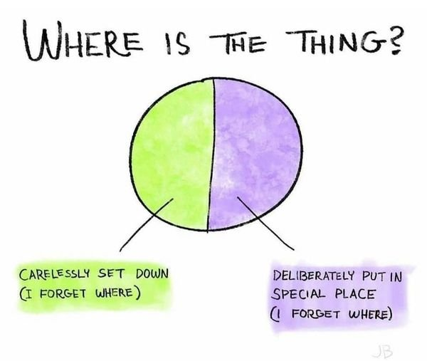 pie chart meme titled "WHERE IS THE THING?"
One half of the pie chart is labelled "CARELESSLY SET DOWN (I FORGOT WHERE)," 
the other half  "DELIBERATELY PUT IN SPECIAL PLACE (I FORGOT WHERE)"