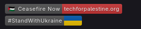 Screenshot of "Ceasefire Now | techforpalestine.org" and "#StandWithUkraine" badges on GitLab