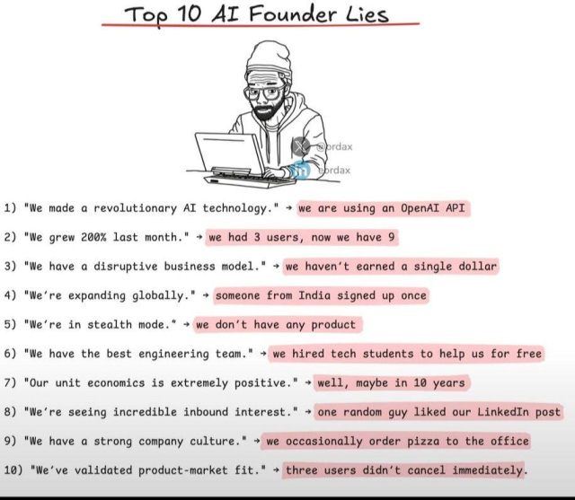 Top 10 AL Founder Lies

1) "We made a revolutionary AI technology." » we are using an OpenAI APT
2) "We grew 200% last month." » we had 3 users, now we have 9
3) "We have a disruptive business model." » we haven't earned a single dollar
4) "We're expanding globally." >» someone from India signed up once
5) "We're in stealth mode.” » we don’t have any product
6) "We have the best engineering team." » we hired tech students to help us for free
7) "Our unit economics is extremely positive." » well, maybe in 10 years
8) "We're seeing incredible inbound interest." » one random guy liked our LinkedIn post
9) "We have a strong company culture." » we occasionally order pizza to the office
10) "We've validated product-market fit." > three users didn’t cancel immediately.
