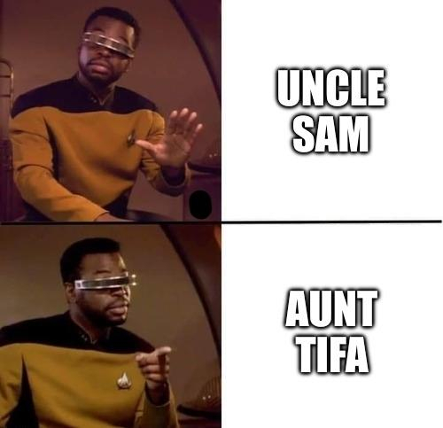 Geordi Drake meme with NO to Uncle Sam and YES to Aunt Tifa