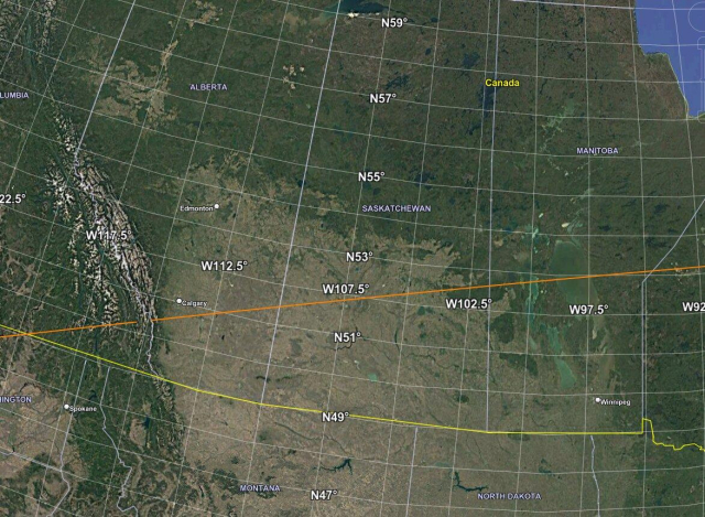 A map of the Canadian prairies, with a line from southern coastal BC through to the middle of Manitoba, showing the last orbit of Starlink 1066.  It started reentering over Calgary and probably fell somewhere in the middle of Saskatchewan.