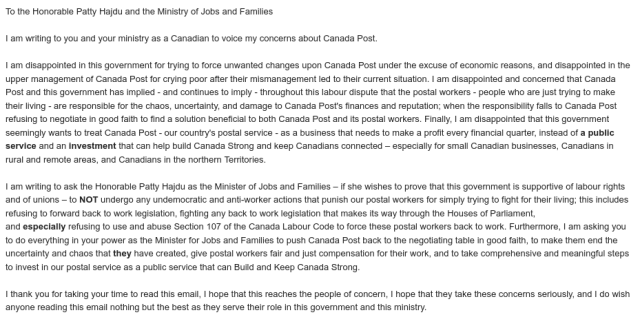 A screenshot of my email to Patty Hajdu and the Ministry of Jobs and Families' office. Alt Text is provided as a link in the post.