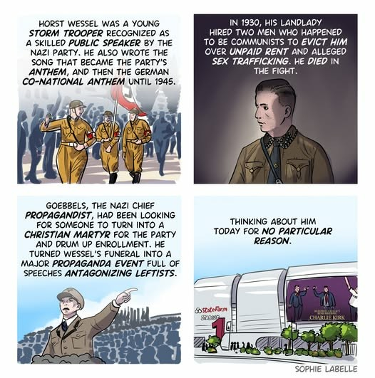 Four-panel comic by Sophie Labelle about Horst Wessel - a promising up-and-coming Nazi who was murdered in 1930 and whose funeral was turned into a major Nazi propaganda event. 