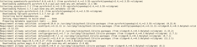 Output of "pip install slidgram" where it writes that "Requirement already satisfied" for dependencies, installed via NetBSD binary packages.