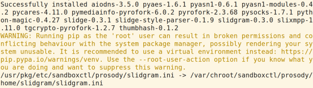 Output of "pip install slidgram" where it complains about possible system break after running from root.