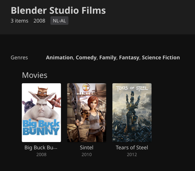 Screenshot of my jellyfin showing a collection of movies featuring Blender Studio's Big Buck Bunny (2008), Sintel (2010), and Tears of Steel (2012).