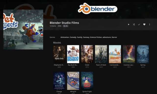 Screenshot of a collection in jellyfin, a self hosted home media platform. The collection is called Blender Studio Films and it has *most* of the blender open films from 2006 to 2024. The films are:

- Elephants Dream (2006)
- Big Buck Bunny (2008)
- Sintel (2010)
- Tears of Steel (2012)
- Caminandes (2013)
- Cosmos Laundromat (2015)
- Spring (2019)
- Charge (2022)
- Wing it! (2023)
- Sprite Fright (2024)
