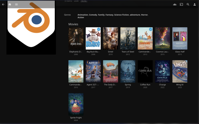 Screenshot of a collection in jellyfin, a self hosted home media platform. The collection is called Blender Studio Films and it has *most* of the blender open films from 2006 to 2024. The films are:

- Elephants Dream (2006)
- Big Buck Bunny (2008)
- Sintel (2010)
- Tears of Steel (2012)
- Caminandes (2013)
- Cosmos Laundromat (2015)
- Glass Half (2015)
- Caminandes - Llamigos (2016)
- Agent 327 (2017)
- The Daily Dweebs (2017)
- Spring (2019)
- Coffee Run (2020)
- Charge (2022)
- Wing it! (2023)
- Sprite Fright (2024)

The genres listed are Animation, comedy, family, fantasy, science fiction, adventure, horror, and action.