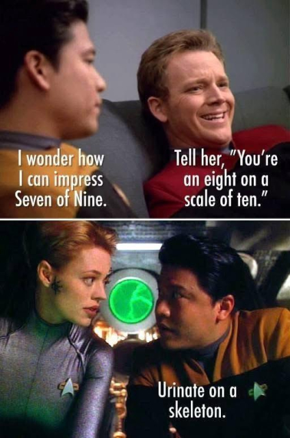 Harry Kim: I wonder how I can impress Seven of Nine. 

Tom Paris: Tell her, "You're an eight on a scale of ten." 

Later…

Harry Kim to Seven of Nine: Urinate on a skeleton.