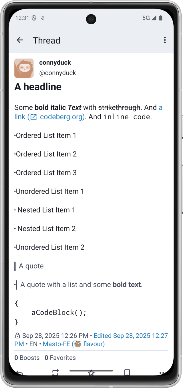 Screenshot of a GoToSocial post as shown in Tusky 31.1. The post test various html formatting features. Some are displayed way off, e.g. list items that have too much spacings, and show bullets instead of numbers. The list inside a quote looks like a quote inside a list.