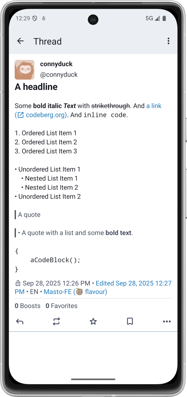 The same post as shown by my Tusky dev version. All html is rendered correctly.