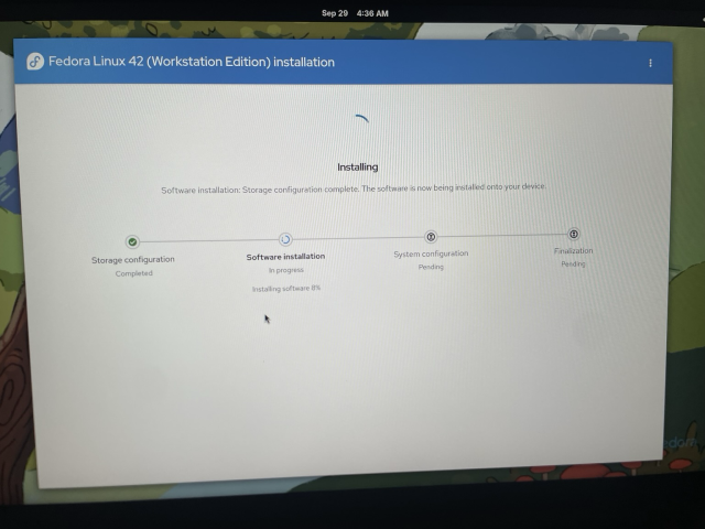 A picture of the Anaconda installer in Fedora Linux.