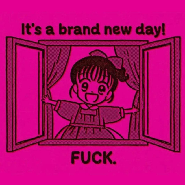 Drawing of a child in a dress swinging open window shutters with the text “it’s a brand new day! Fuck.”
