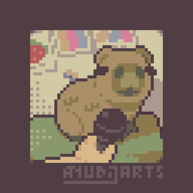 A Pixel Redraw of someone doing an interview to a Capybara, who's staring near the camera with a blank mind, probably having no idea they're even being interviewed right now.