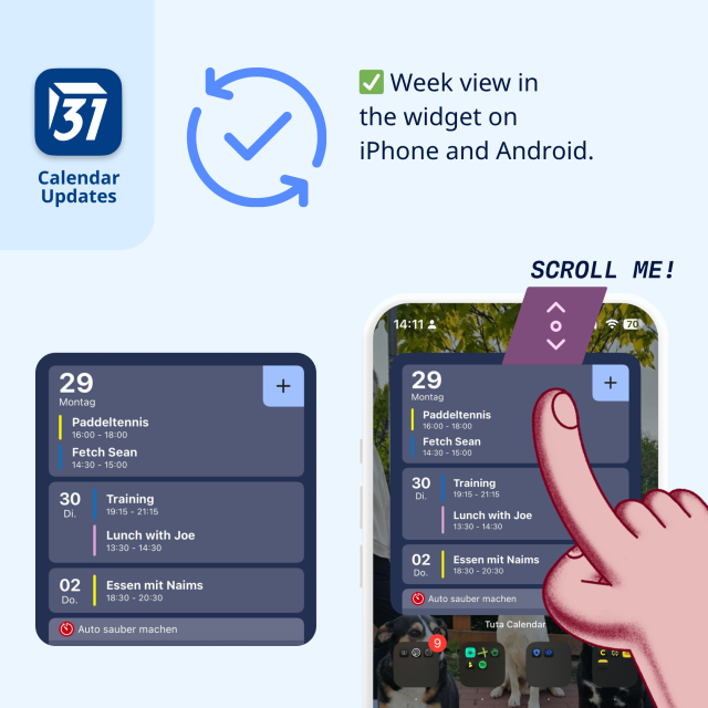 Screenshots of the Tuta calendar widget with the info that week view is now available.