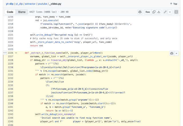 Python code from yt-dlp's YouTube extractor showing a function that extracts and processes JavaScript function names, with regex pattern matching and debugging output