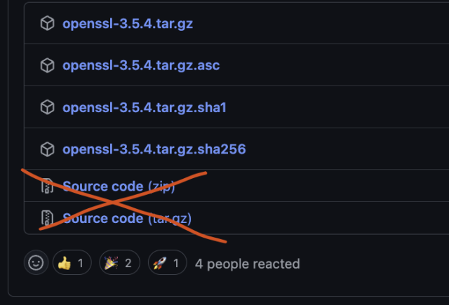 Screenshot showing the autogenerated archives created by GitHub crossed over. There is no way for project to disable these links.