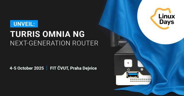 The message on the picture is: "Unveil: Turris Omnia NG, 4-5 October 2025 @ LinuxDays (FIT ČVUT, Praha Dejvice)" and it is illustrated by corner of the router peaking out a blue curtain.