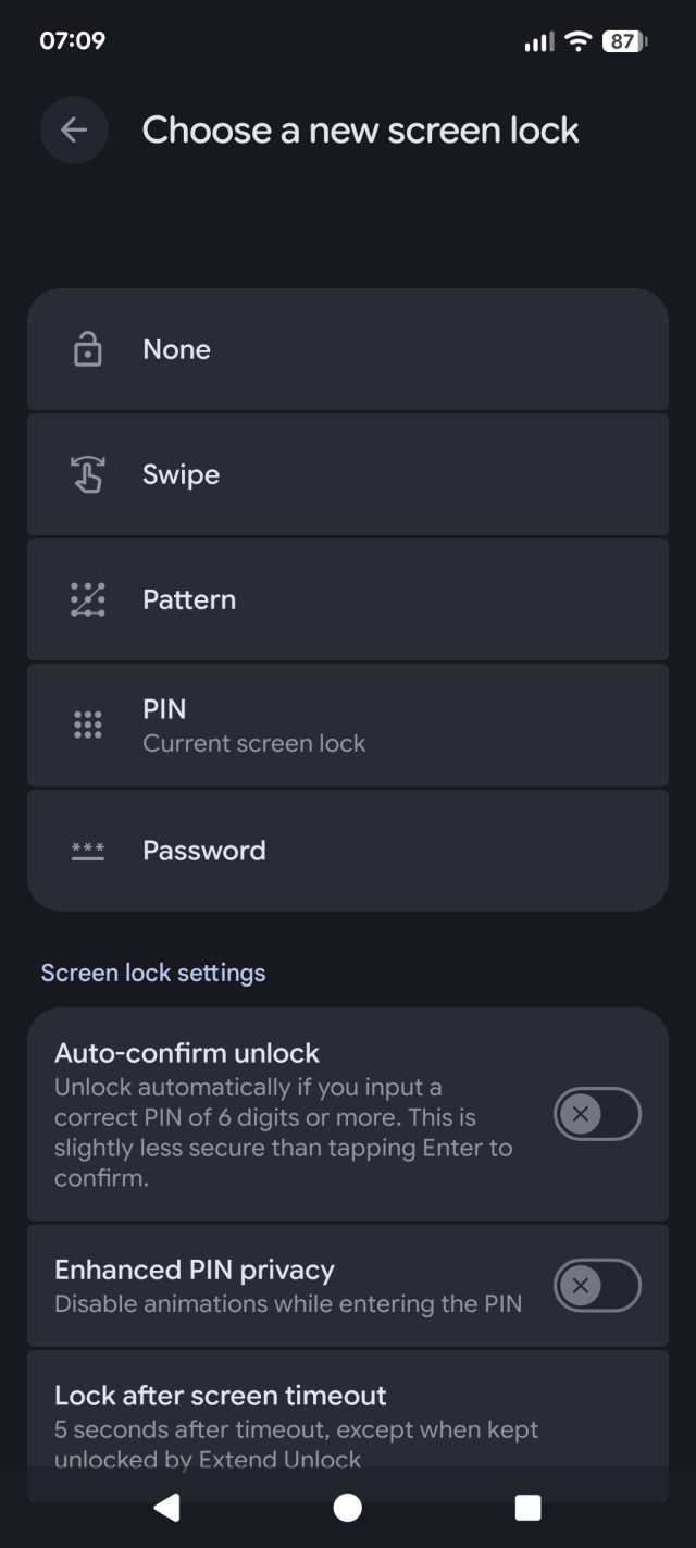 Device unlock settings under Android 16, configured for PIN unlock. Fingerprint device unlock does not appear as an option here.
