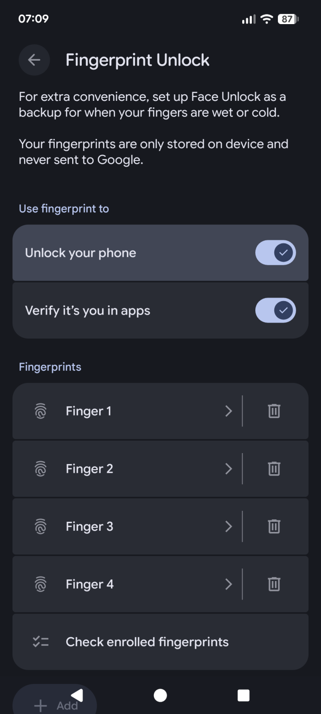 Fingerprint unlock settings are housed in a completely different part of the Android 16 settings UI from the rest of the device unlock settings. Note that "unlock your phone" somehow became reenabled after upgrading to Android 16 despite being previously disabled.