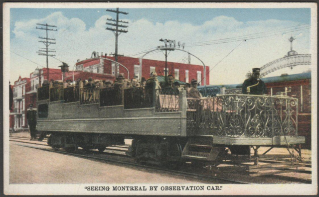 Printed colour postcard showing a view of tourists aboard an observation car in Montreal, Quebec, Canada.

Published by International Fine Art Co Ltd, Montreal, No 903, c.1920s.

Postally unused.

Fairly good condition, with slight corner bumps, but light long crease to lower left centre.